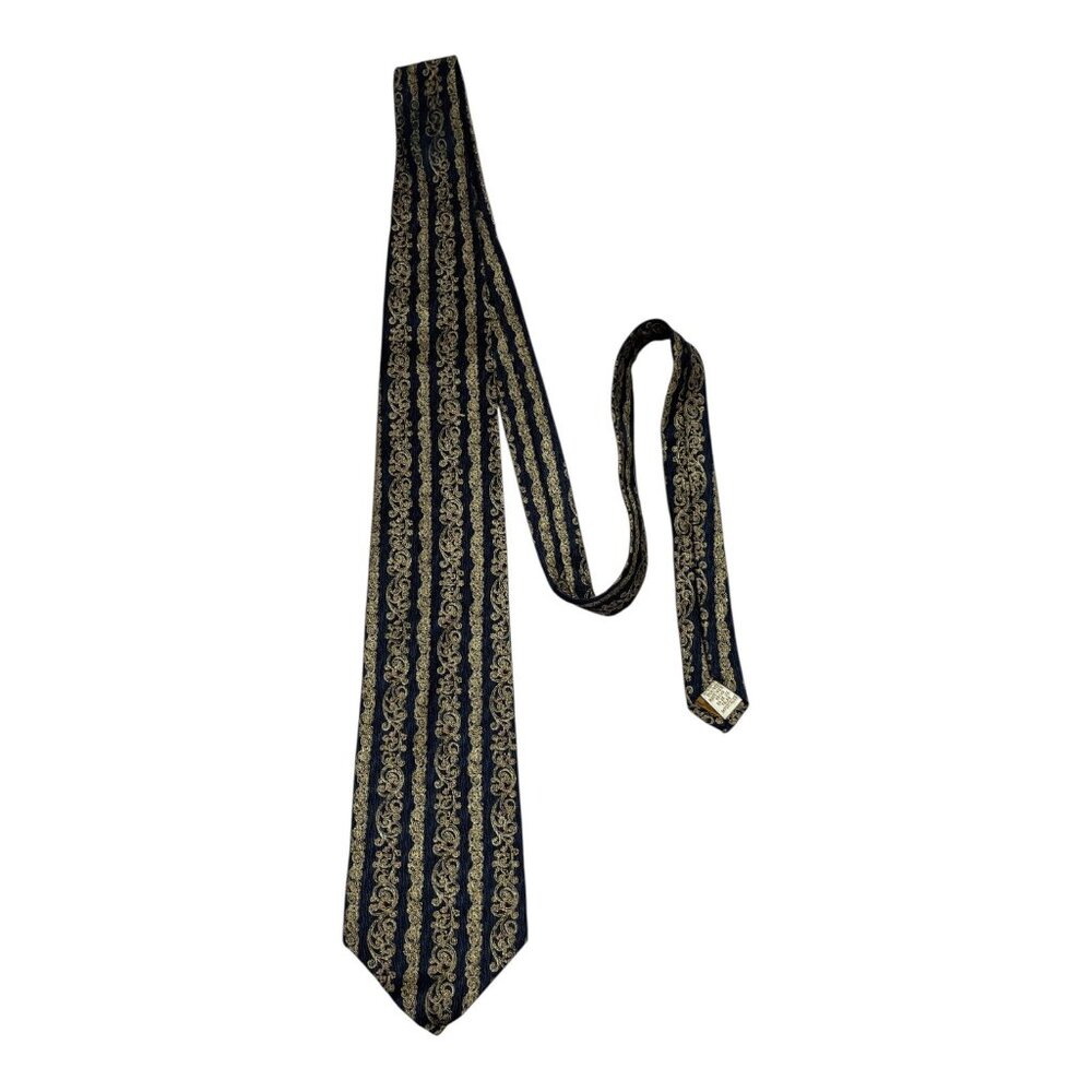 Claiborne Silk Tie Navy Gold Baroque Stripe Vintage 1990s–2000s Men’s Necktie